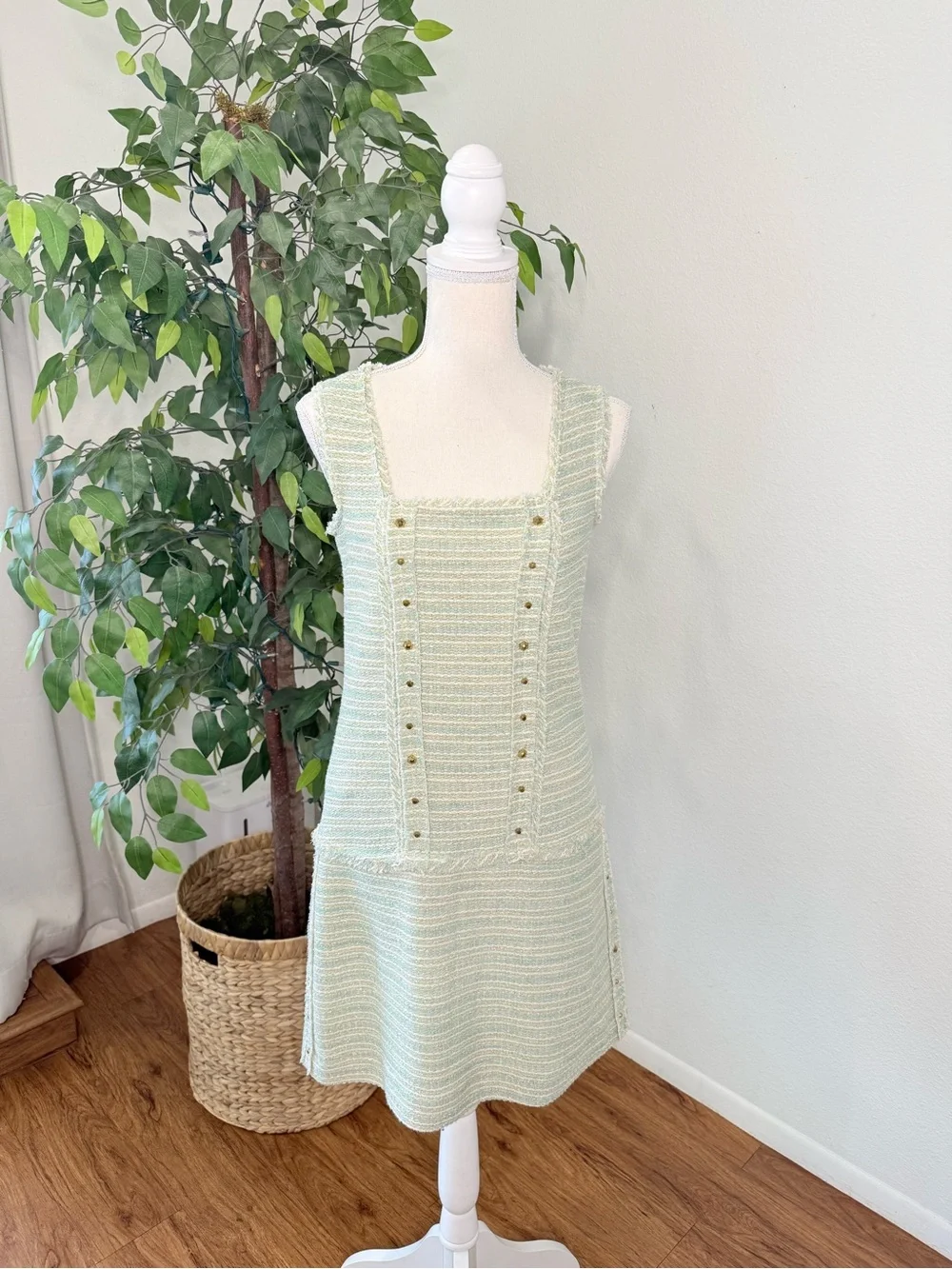 Zara Tweed Mini Dress Size Medium Mint Green White Gold - Picture 2 of 11